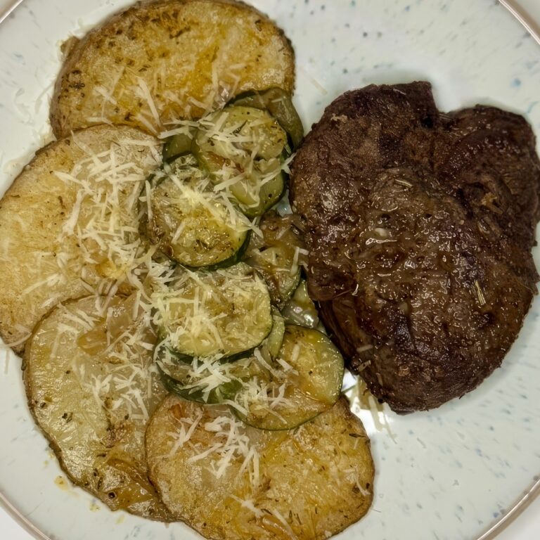 Garlic Herb Butter Sirloin Steak with Roasted Potatoes & Zucchini (Healthy High-Protein Dinner Recipe)