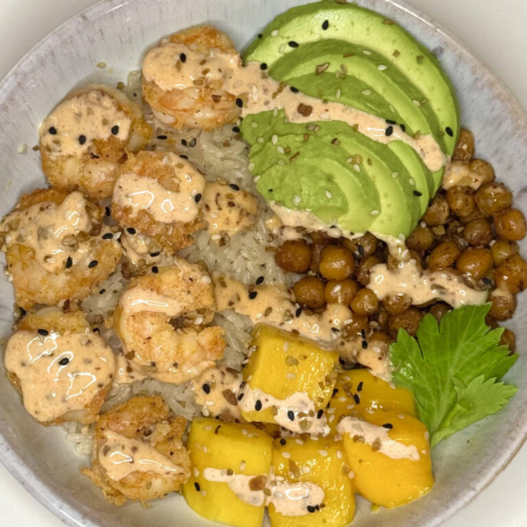 Garlic Butter Shrimp Bowl with Coconut Rice & Mango